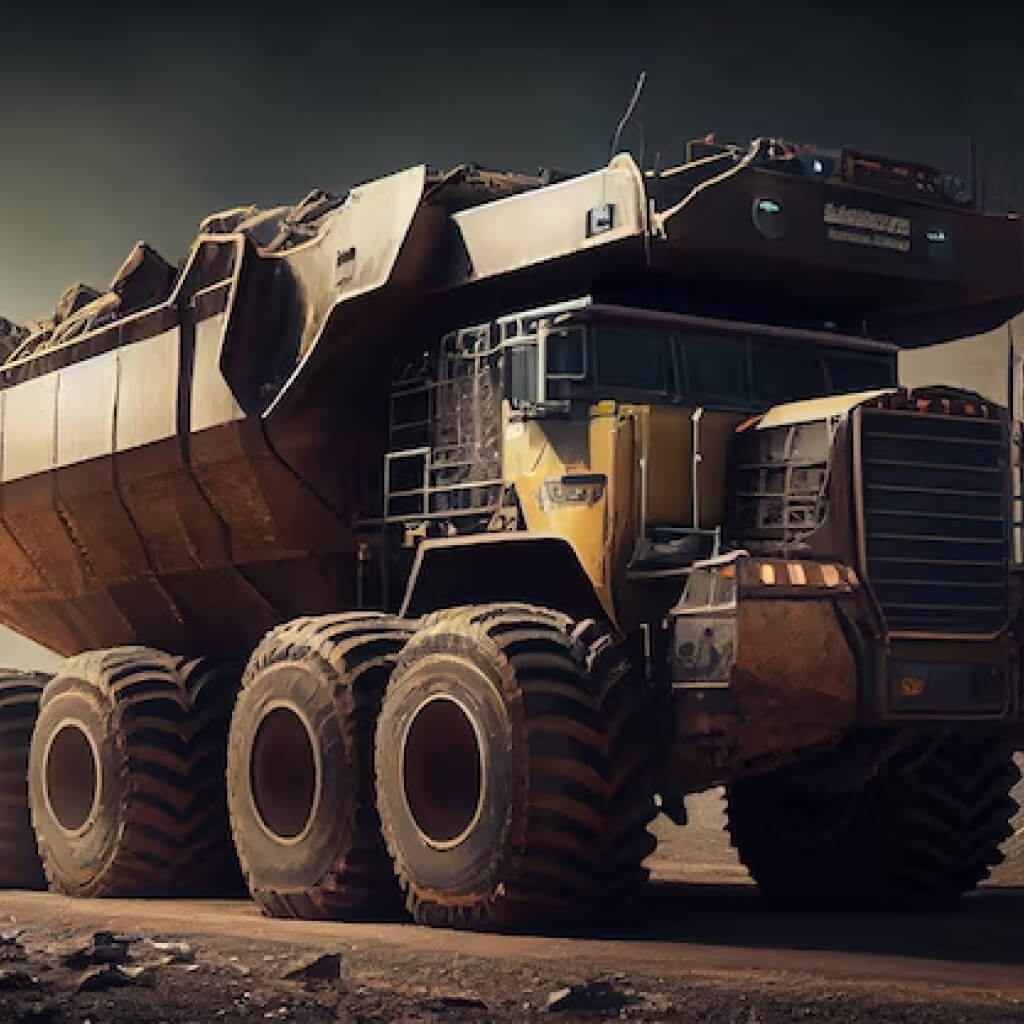 A large, six-wheeled dump truck carrying a load of rocks on a dirt surface under a cloudy sky.