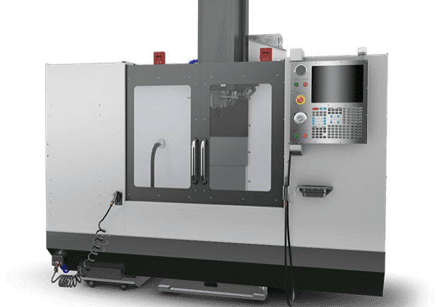 A vertical CNC milling machine with a digital control panel and a closed cutting chamber.